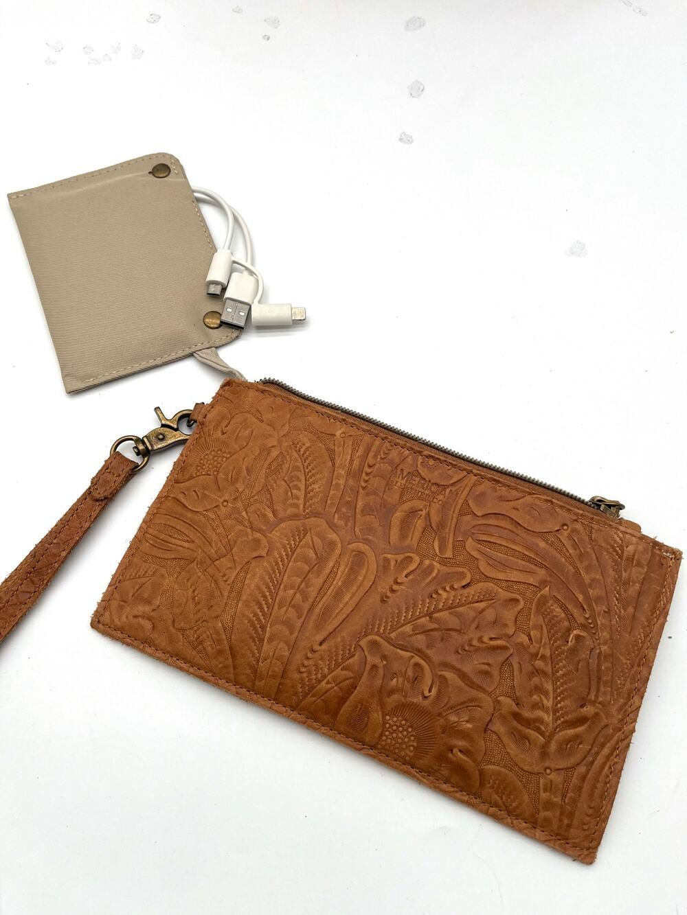 AMERICAN LEATHER CO Charging Bank Wristlet, Tooled Leather